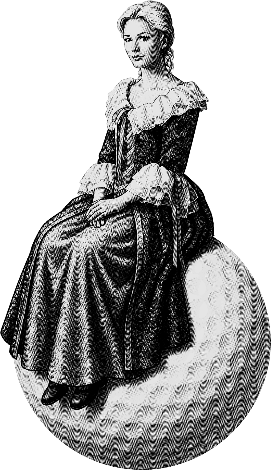 Fille du Roy, pionnière de l'Île d'Orléans, illustration gravure, Minigolf de la Tour-du-Nordet