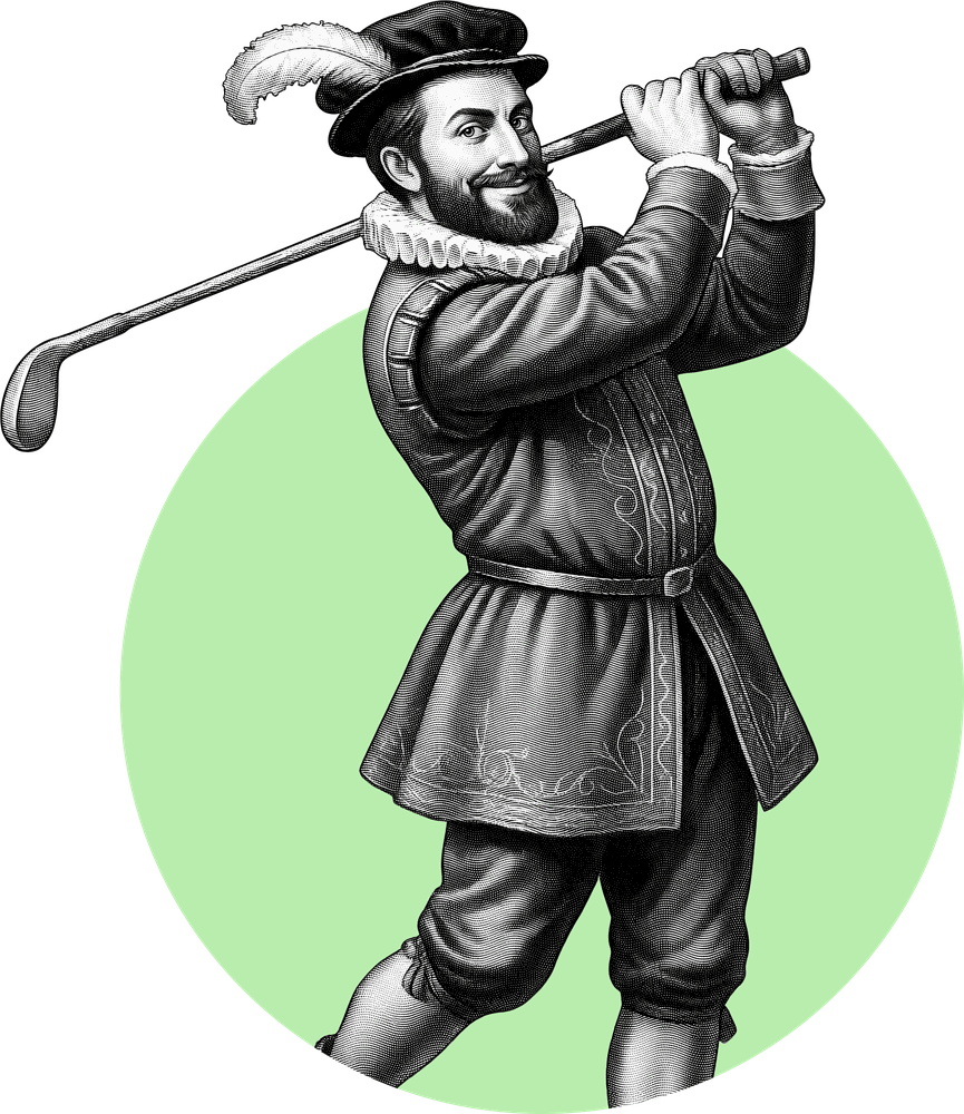 Jacques Cartier en golfeur, illustration gravure, Minigolf de la Tour-du-Nordet