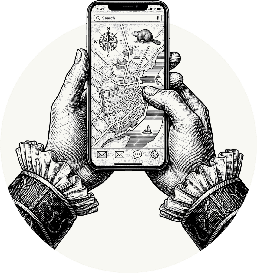 Une main tenant un téléphone affichant la carte de l'Île d'Orléans, illustration gravure, Minigolf de la Tour-du-Nordet